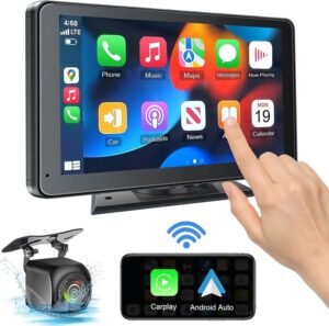 Portable Wireless with Apple CarPlay and Android Auto Screen for Car, 7" HD Touch Screen Car Stereo with Mirror Link, Bluetooth 5.2, Backup Camera, AUX,FM Transmitter for All Vehicle
