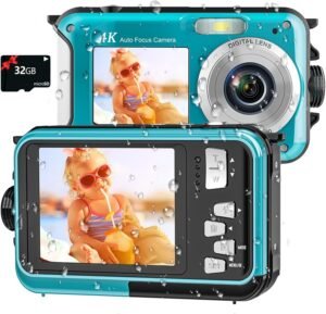 4K Underwater Camera 11FT Waterproof Camera with 32GB Card 56MP Autofocus Dual-Screen Selfie Underwater Camera for Snorkeling Waterproof Compact Floatable Digital Camera 1250mAh Battery Type-C