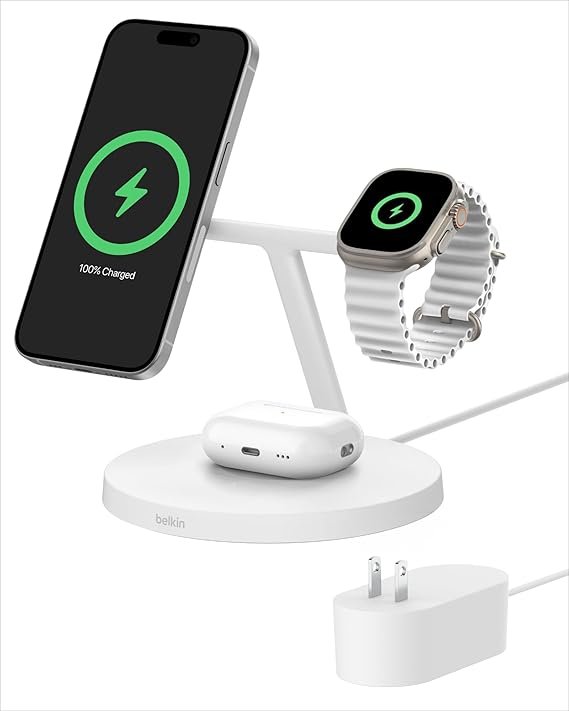 Belkin MagSafe-Compatible Charger, 3-in-1 Wireless Charging Station, Qi2-Certified 15W Wireless Charge for Apple iPhone 17 Series, Apple Watch, AirPods w/Non-Slip Base, 40W Included