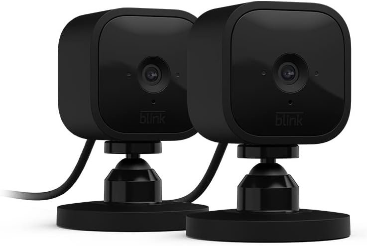 Blink Mini - Compact indoor plug-in smart security camera, 1080p HD video, night vision, motion detection, two-way audio, easy set up, Works with Alexa – 2 cameras (Black)