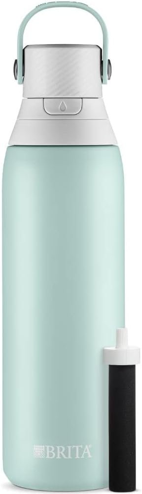 Brita Stainless Steel Premium Filtering Water Bottle, BPA-Free, Reusable, Insulated, Replaces 300 Plastic Water Bottles, Filter Lasts 2 Months or 40 Gallons, Includes 1 Filter, Glacier - 20 oz