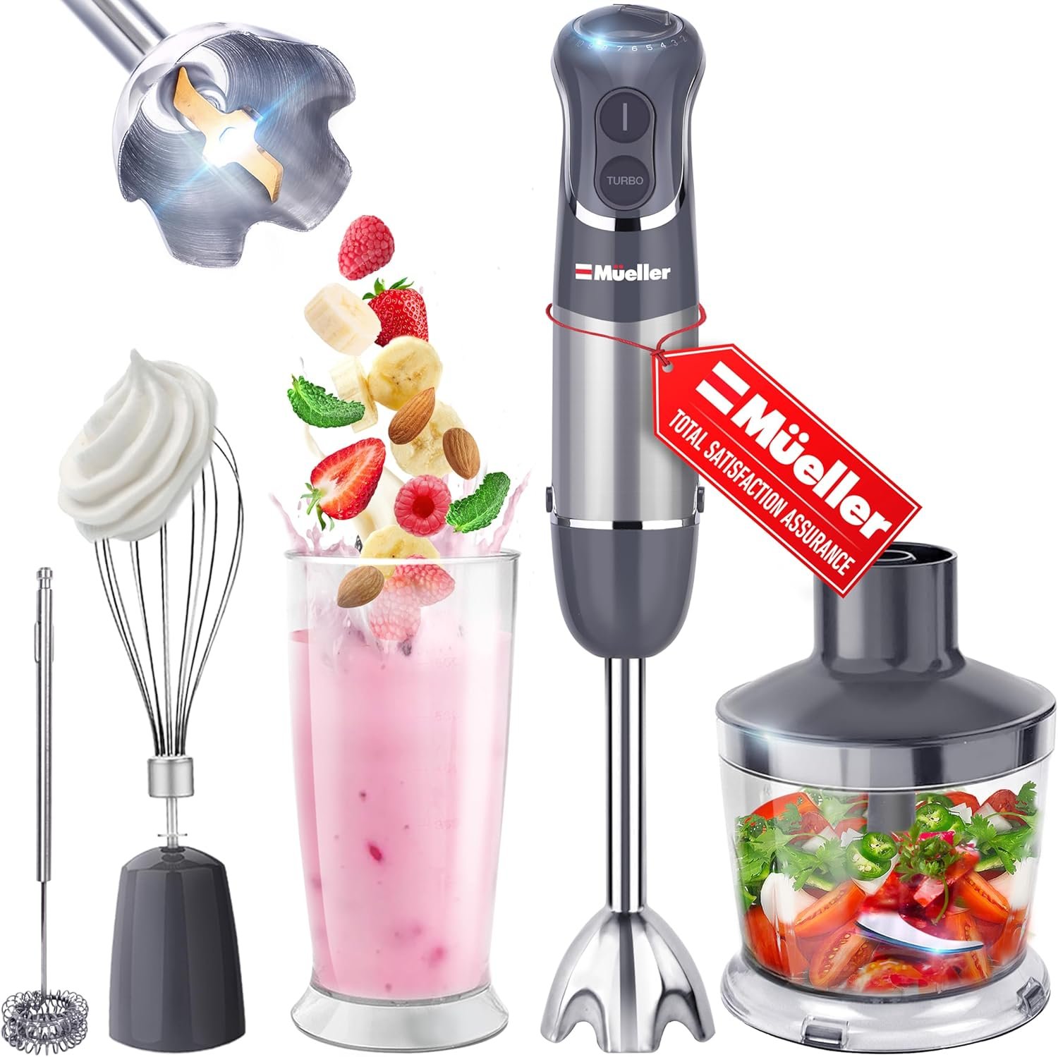 Mueller Multistick 5-in-1 Immersion Blender Handheld, 12 Speed Hand Mixer - Turbo Boost, Heaviest Duty Copper Motor, Titanium Blades Hand Blender, Milk Frother Wand, Whisk, Beaker, Chopper