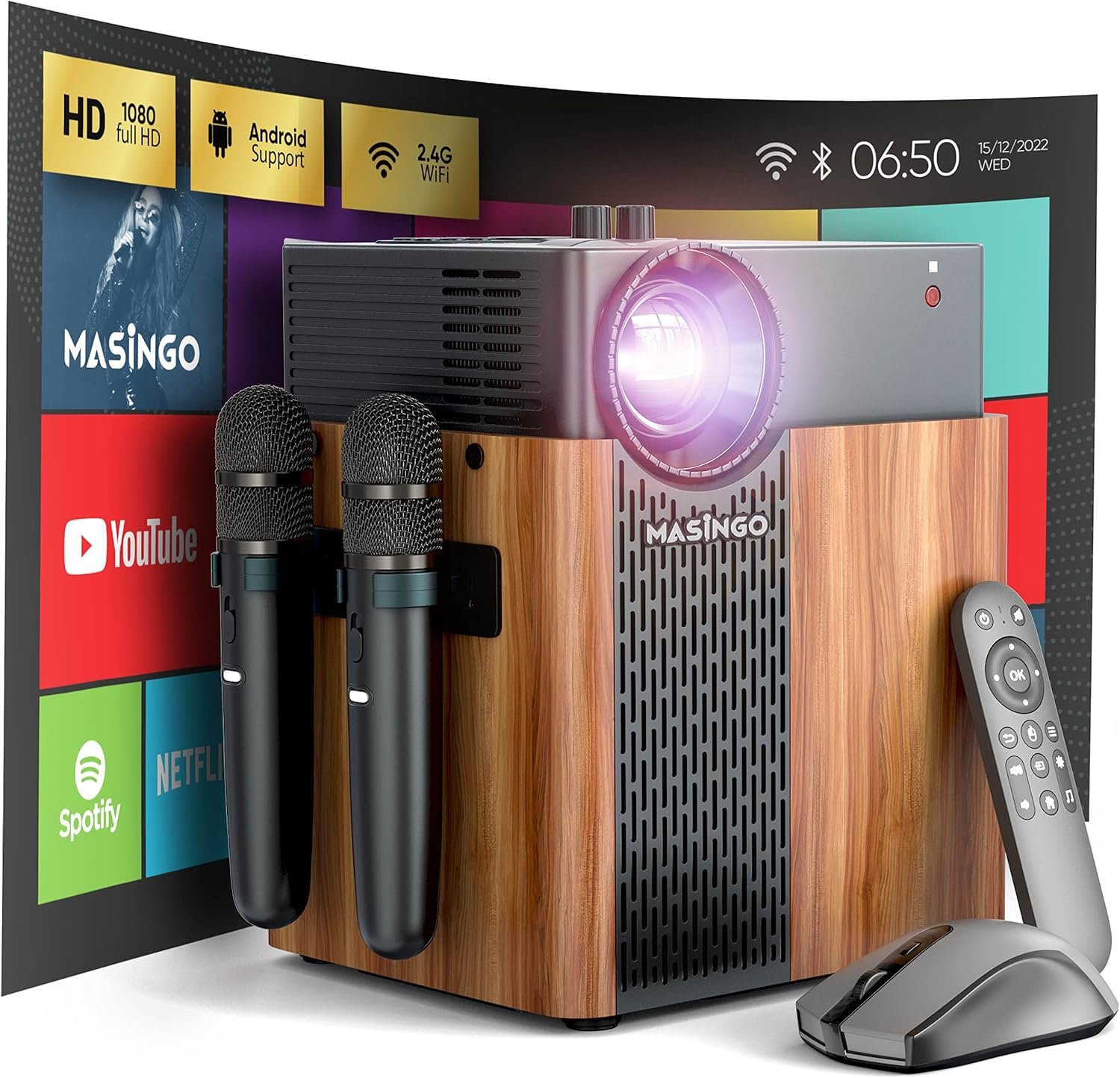 MASINGO 4-in-1 Portable Karaoke Machine with Smart 1080p Projector w/WiFi, Speaker & 2 Wireless Microphones. Built-in Android System for Lyrics Display Apps, Netflix,