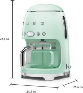 Smeg 50's Retro Style Aesthetic Drip Coffee Machine with 10 Cup Glass Carafe, Auto Start Feature, Keep Warm Plate, and Two Coffee Strength Settings (Pastel Green)