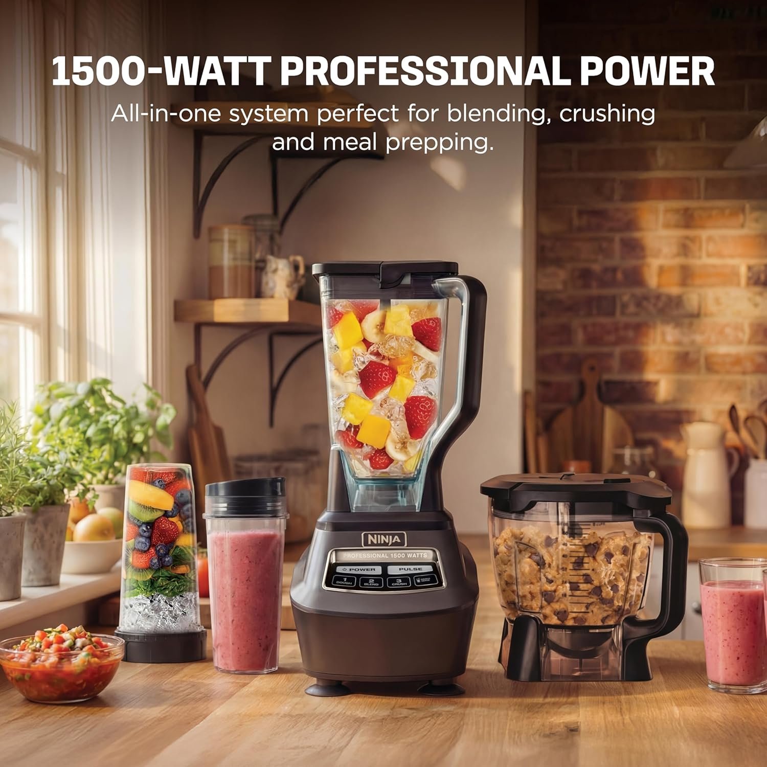 Ninja Kitchen System | 8-Cup Food Processor Bowl & 72 oz. Blender All-in-One | With (2) 16 oz. To-Go Cups | For Smoothies, Ice Crushing, Dough & More | 1500 Watt | Black