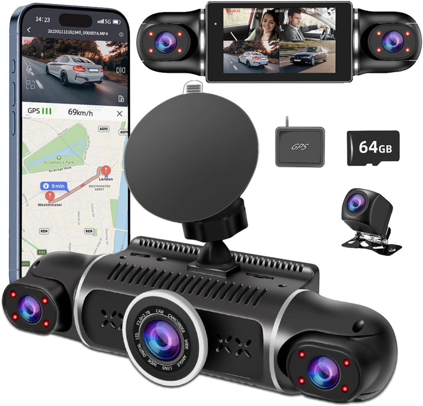 Dash Cam 360° Front and Rear View Car Camera 4 Channel FHD 4 * 1080P, Inside/Back 170°+2x150°+170° Wide Angle, 8 IR Lamps Night Vision, 5G WiFi, GPS, APP, G-Sensor with 64GB Card,24/7 Parking Mode