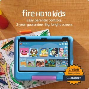 Amazon Fire HD 10 Kids tablet with blue protective case for children aged 3 to 7