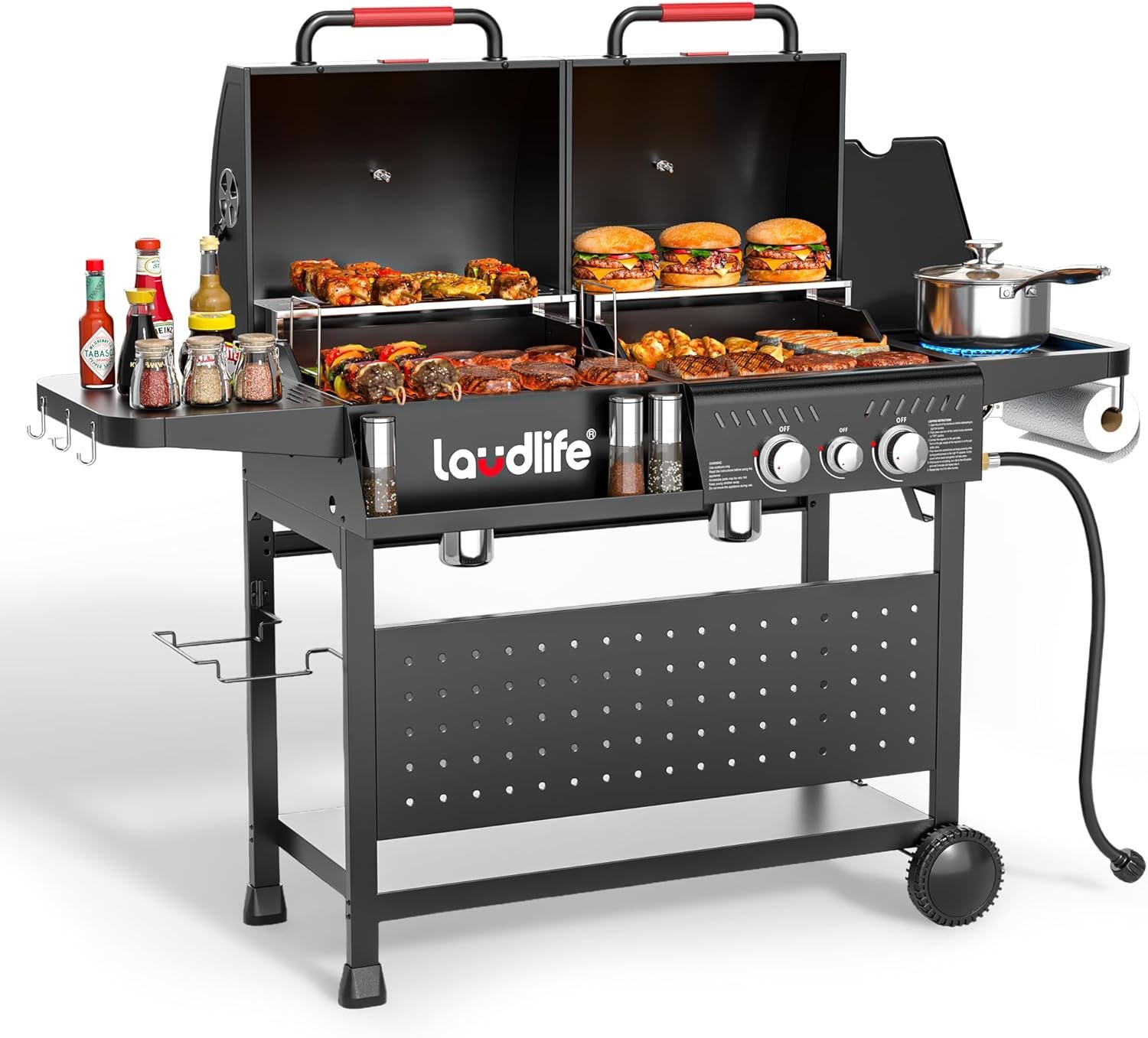 LAUDLIFE gas and charcoal grill combo with side burner for backyard barbecue cooking