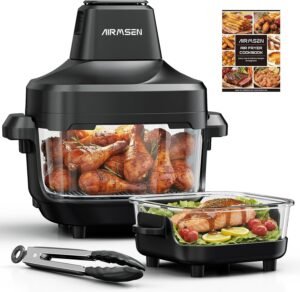 No more burnt food air fryer glass bowl showing perfectly golden french fries, no dark spots