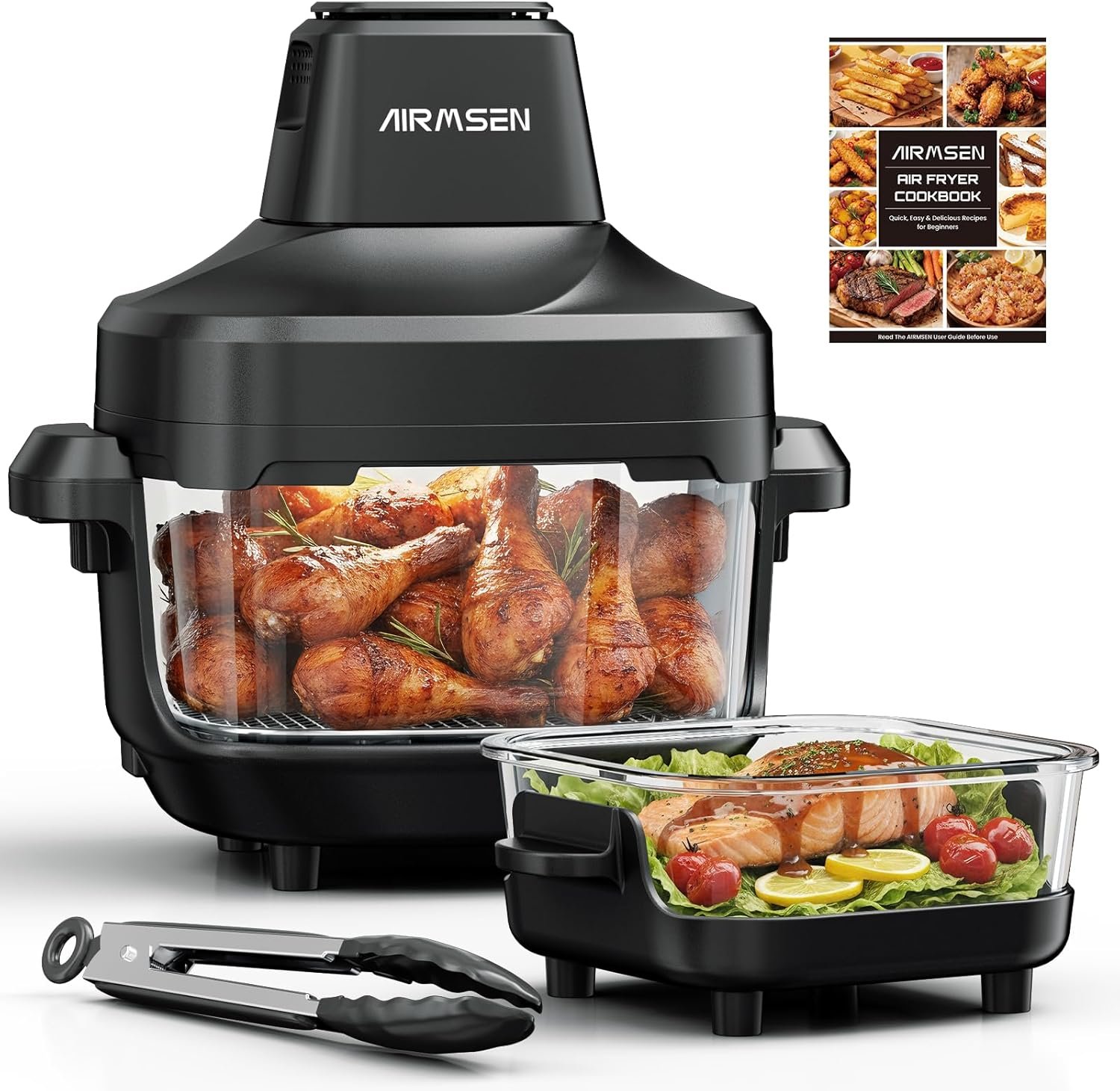 No more burnt food air fryer glass bowl showing perfectly golden french fries, no dark spots
