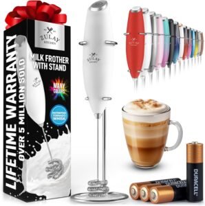 Zulay Kitchen Patented Tornado Triple Whisk Milk Frother with 4 Duracell Batteries – Handheld Foam Maker for Coffee, Lattes, Matcha & Hot Chocolate – Rich, Creamy Froth in Seconds