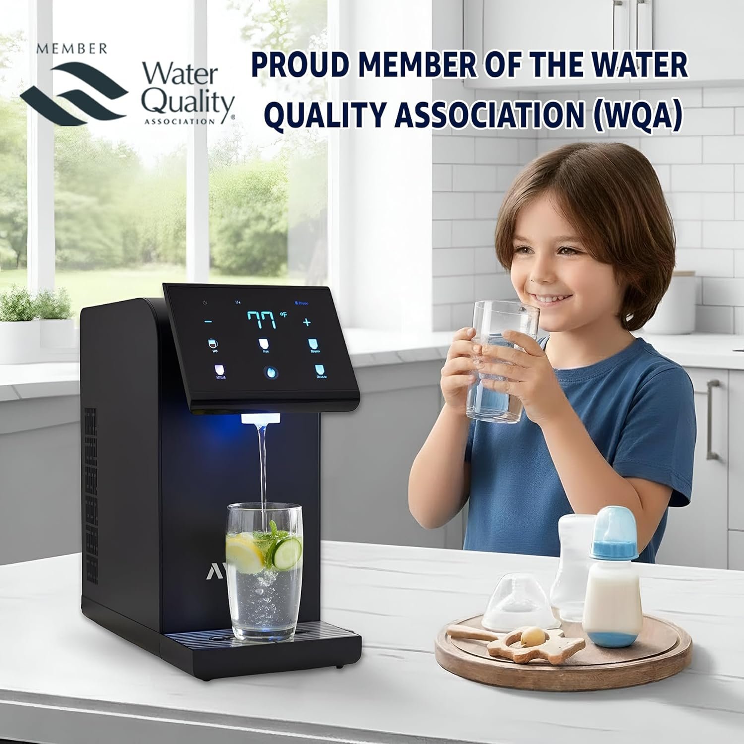 Ultra instant hot and cold bottleless water dispenser countertop with glass and stainless steel look