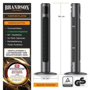 Brandson tower fan with remote control in a modern living room