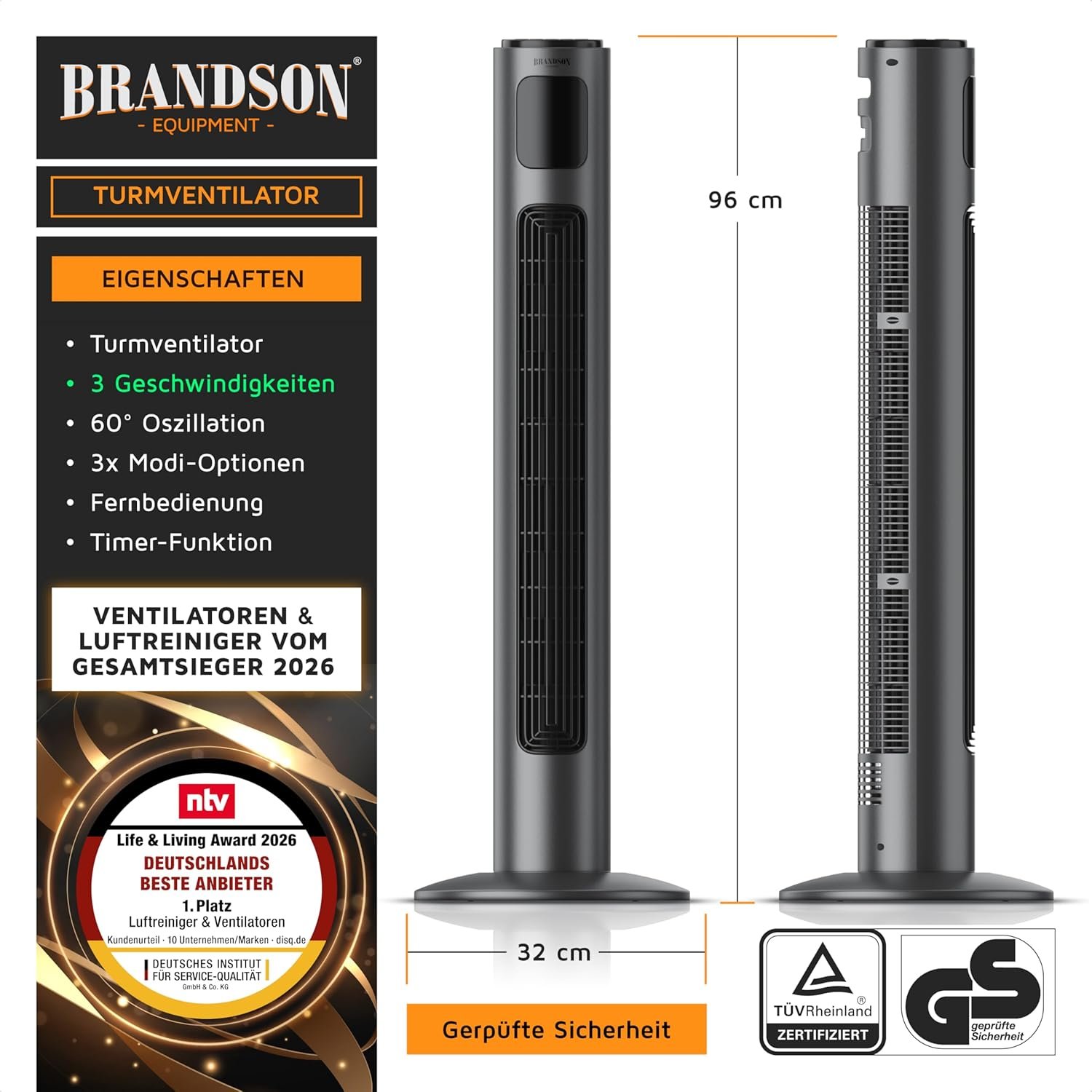 Brandson tower fan with remote control in a modern living room