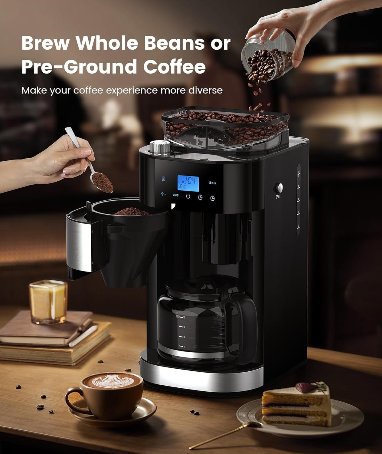 COWSAR programmable coffee maker with built-in grinder and 10-cup glass carafe