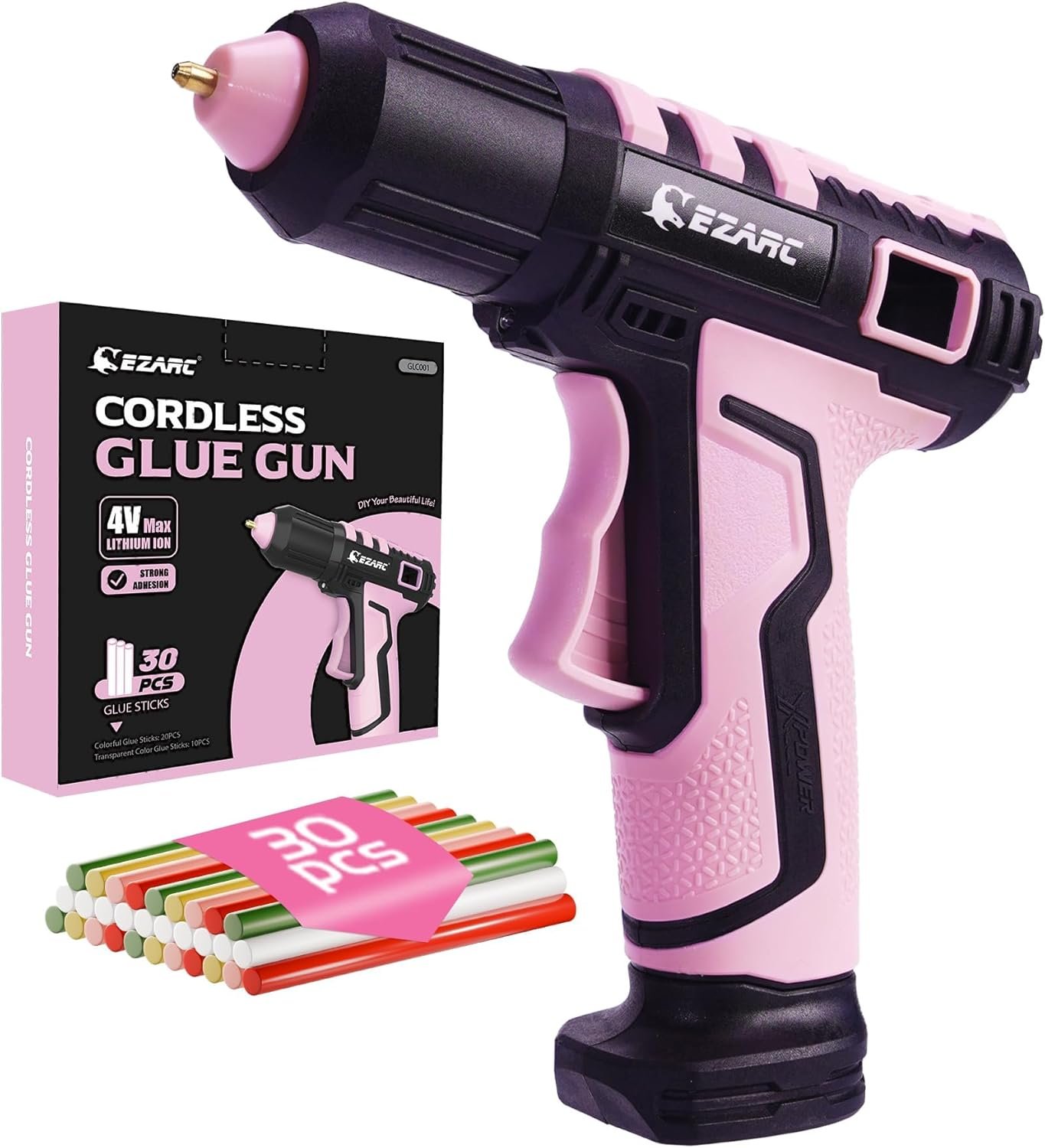 Cordless hot glue gun assembling a wedding centerpiece with flowers and ribbon on a decorated table