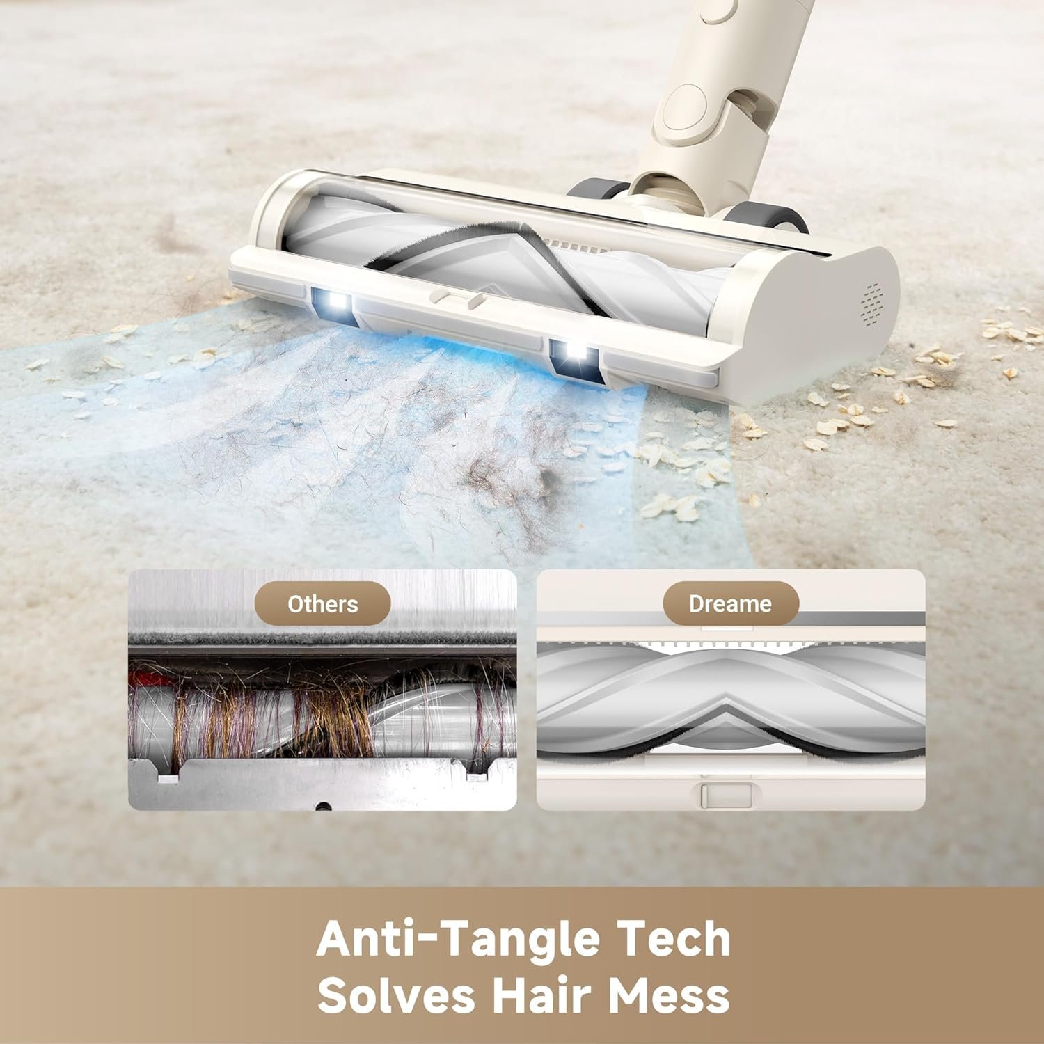 *R10 Pure cordless stick vac with anti-tangle brush removing pet hair from a beige carpet*