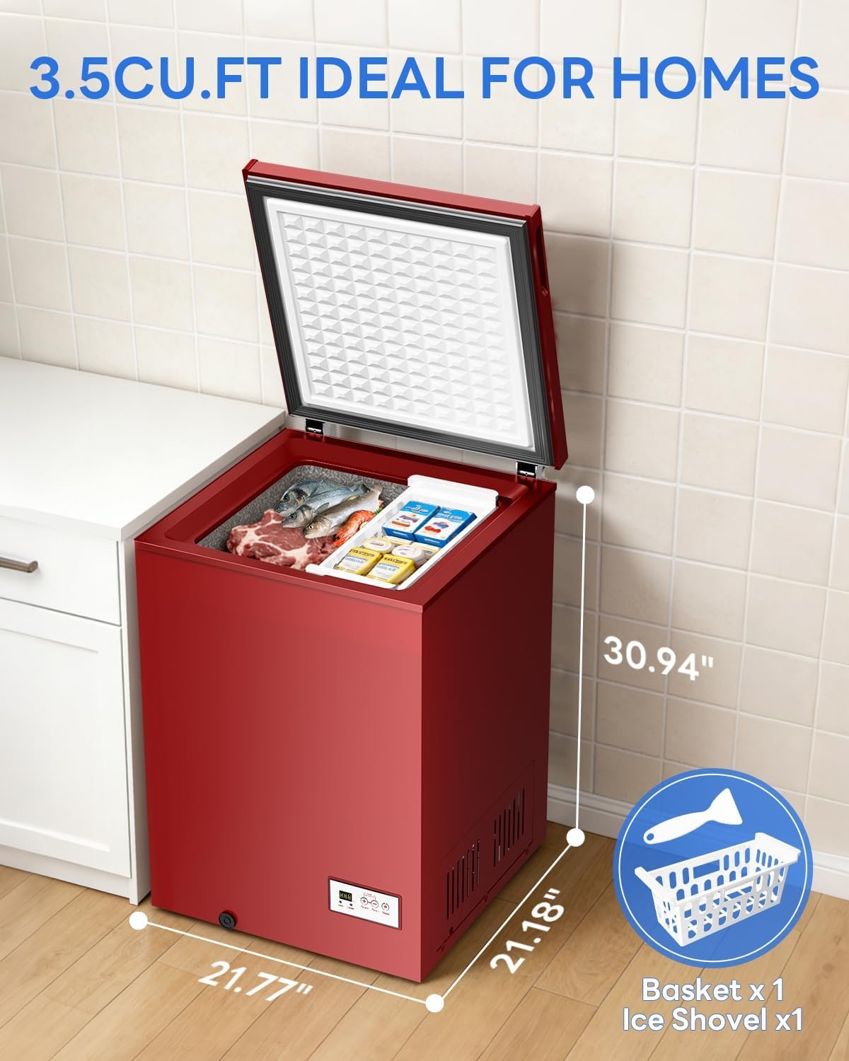 Electactic 3.5 Cu.Ft Chest Freezer in red with removable basket and top open lid