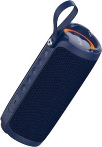 Dual pairing bluetooth speaker in blue with two units side by side, RGB lights glowing, showing stereo separation