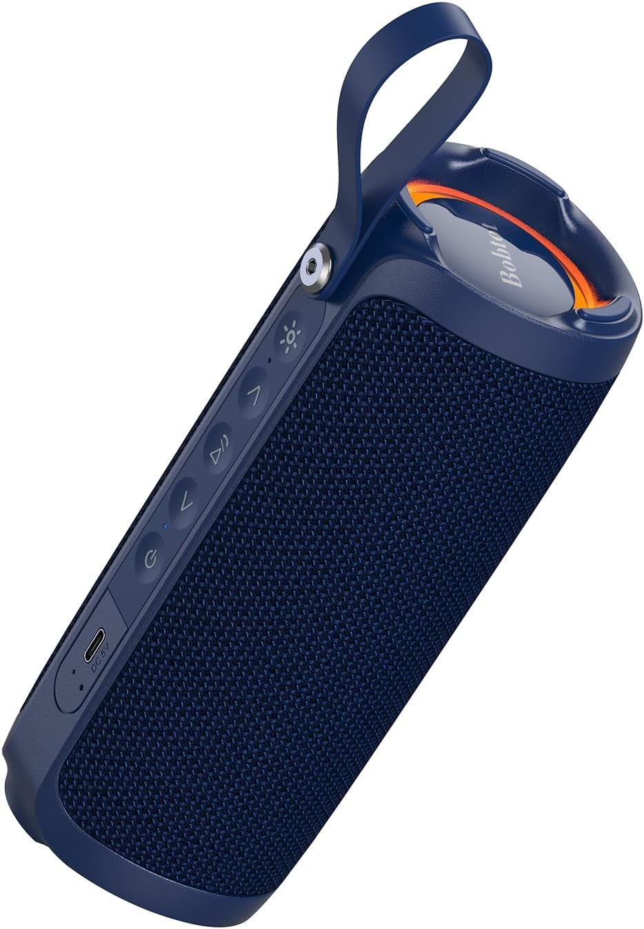 Dual pairing bluetooth speaker in blue with two units side by side, RGB lights glowing, showing stereo separation