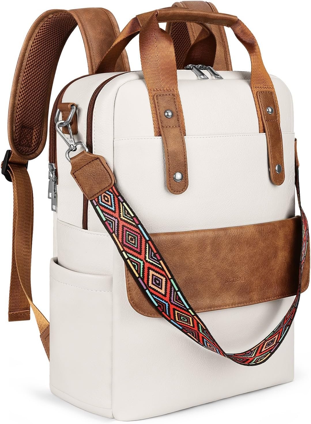 Women’s SYTRAH leather laptop backpack in beige brown for work and travel