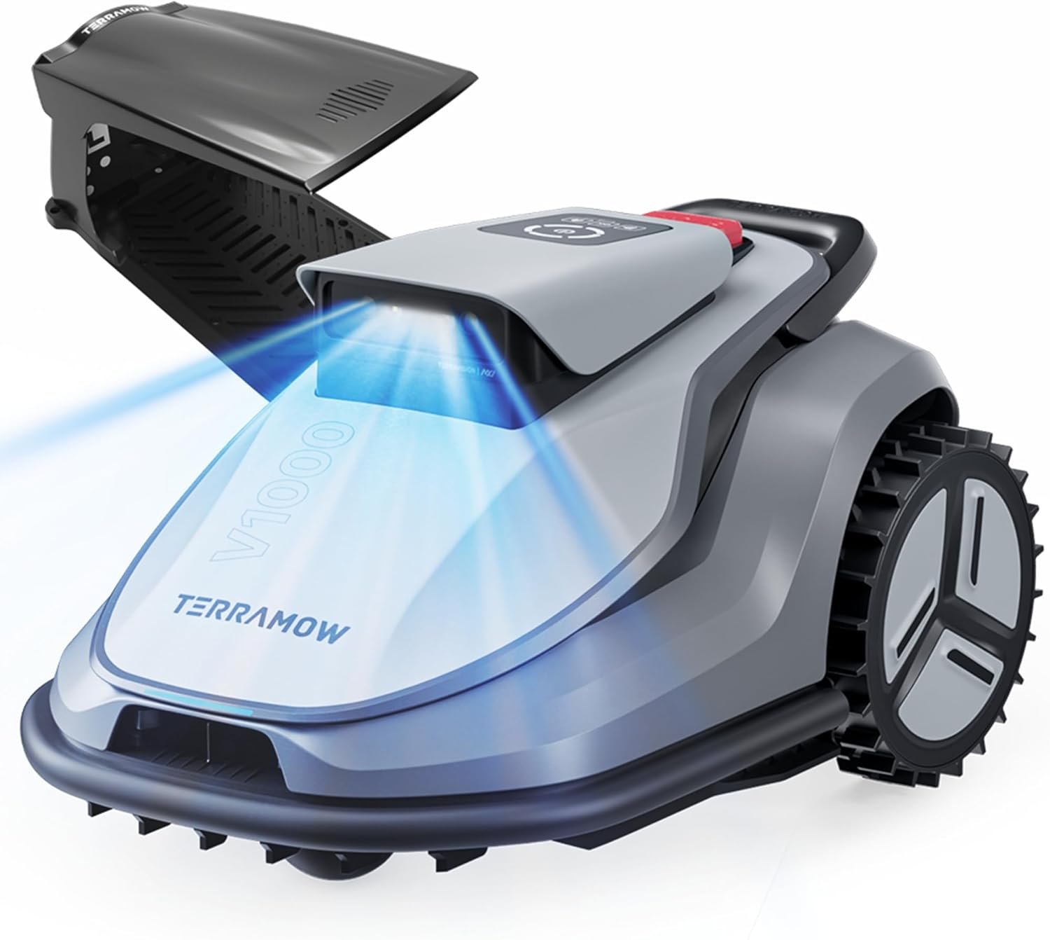TerraMow V1000 robot lawn mower without wire cutting grass near a tree with exposed roots