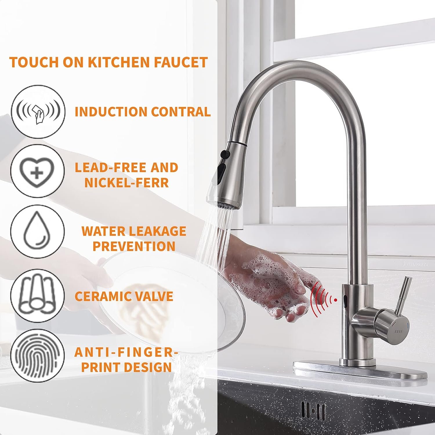 Brushed nickel touchless kitchen faucet with pull down sprayer and soap dispenser installed in a modern kitchen