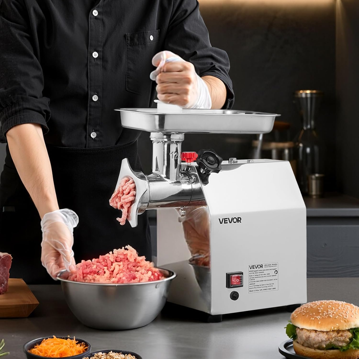 VEVOR commercial electric meat grinder with stainless steel blades and sausage stuffing tubes