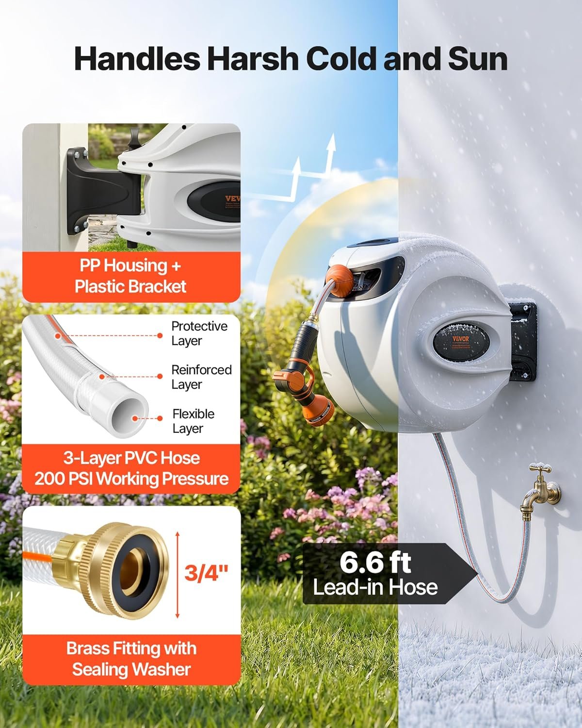 Beginner-friendly retractable hose reel mounted beside a home garden