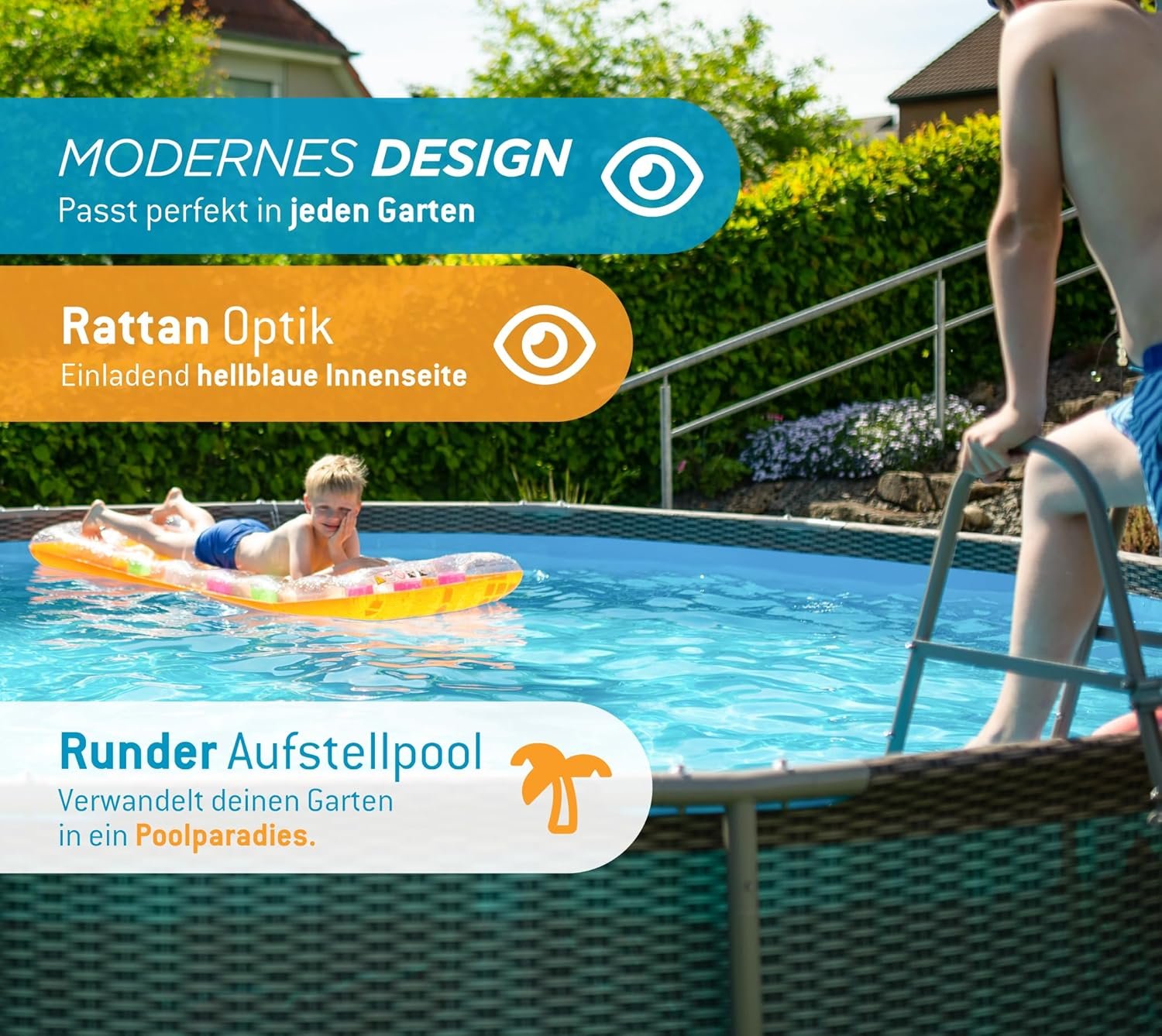 Elegant brown frame pool creating a resort-style garden atmosphere