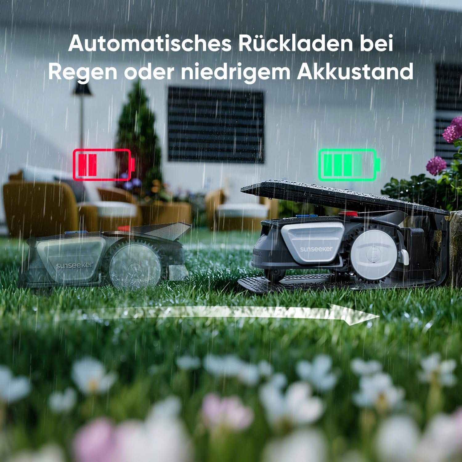 Robotic lawnmower maintaining a peaceful garden lawn
