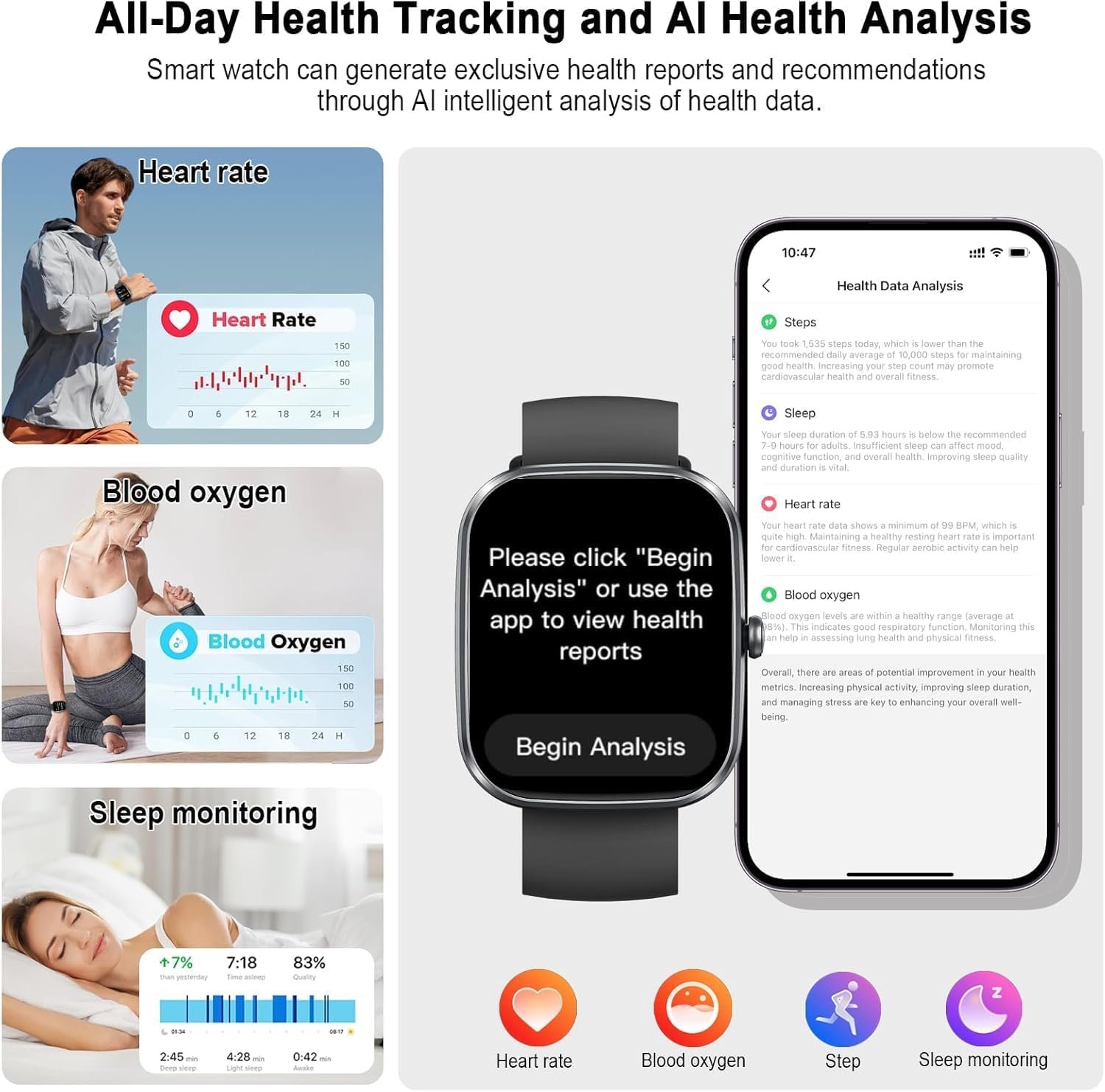 Smartwatch displaying sleep monitoring information beside a bedside table