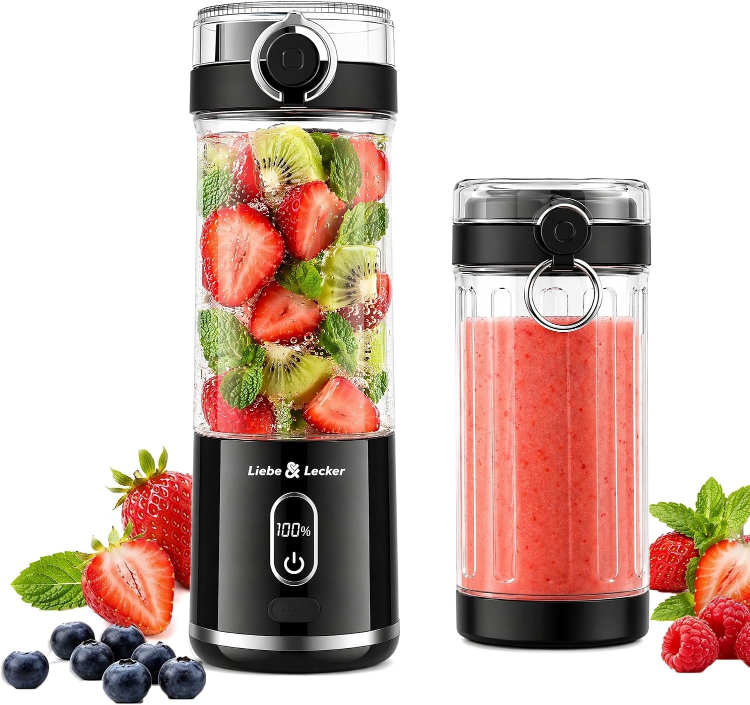 Black cordless portable blender bottle with LCD display on a kitchen counter