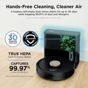 Robot vacuum cleaning a living room floor near a self-empty base