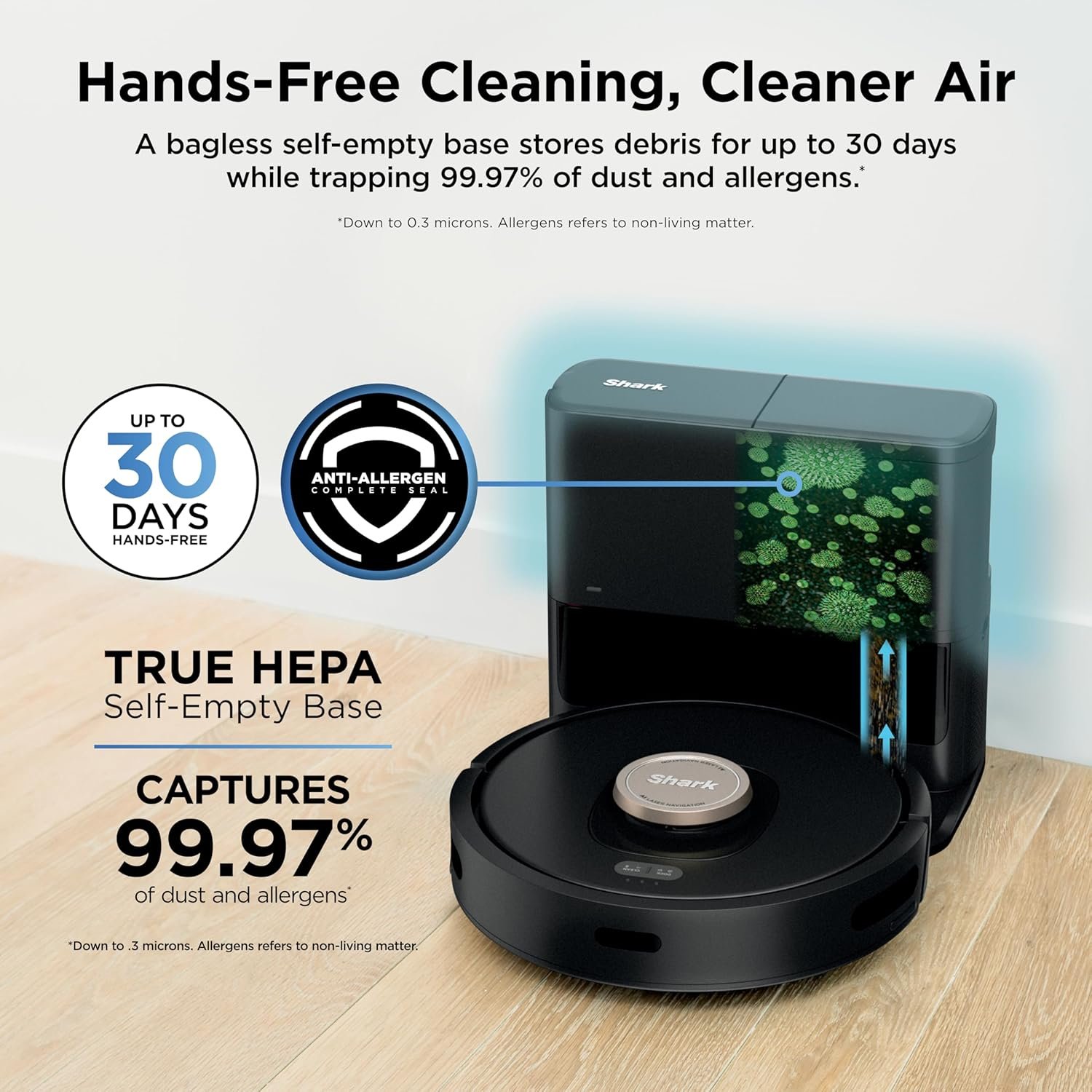 Robot vacuum cleaning a living room floor near a self-empty base