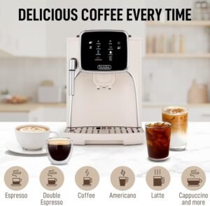 Automatic espresso machine with built-in grinder on a kitchen counter