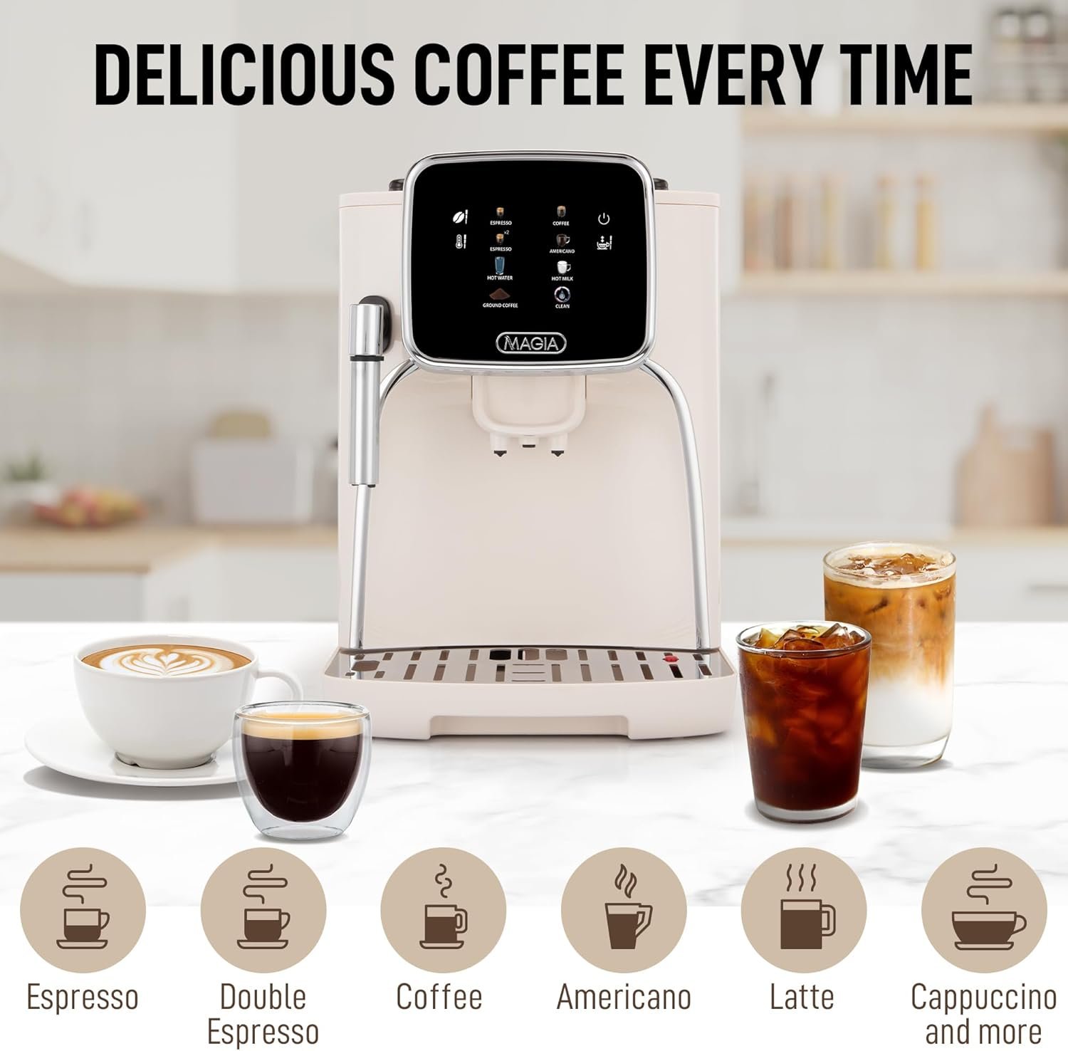Automatic espresso machine with built-in grinder on a kitchen counter