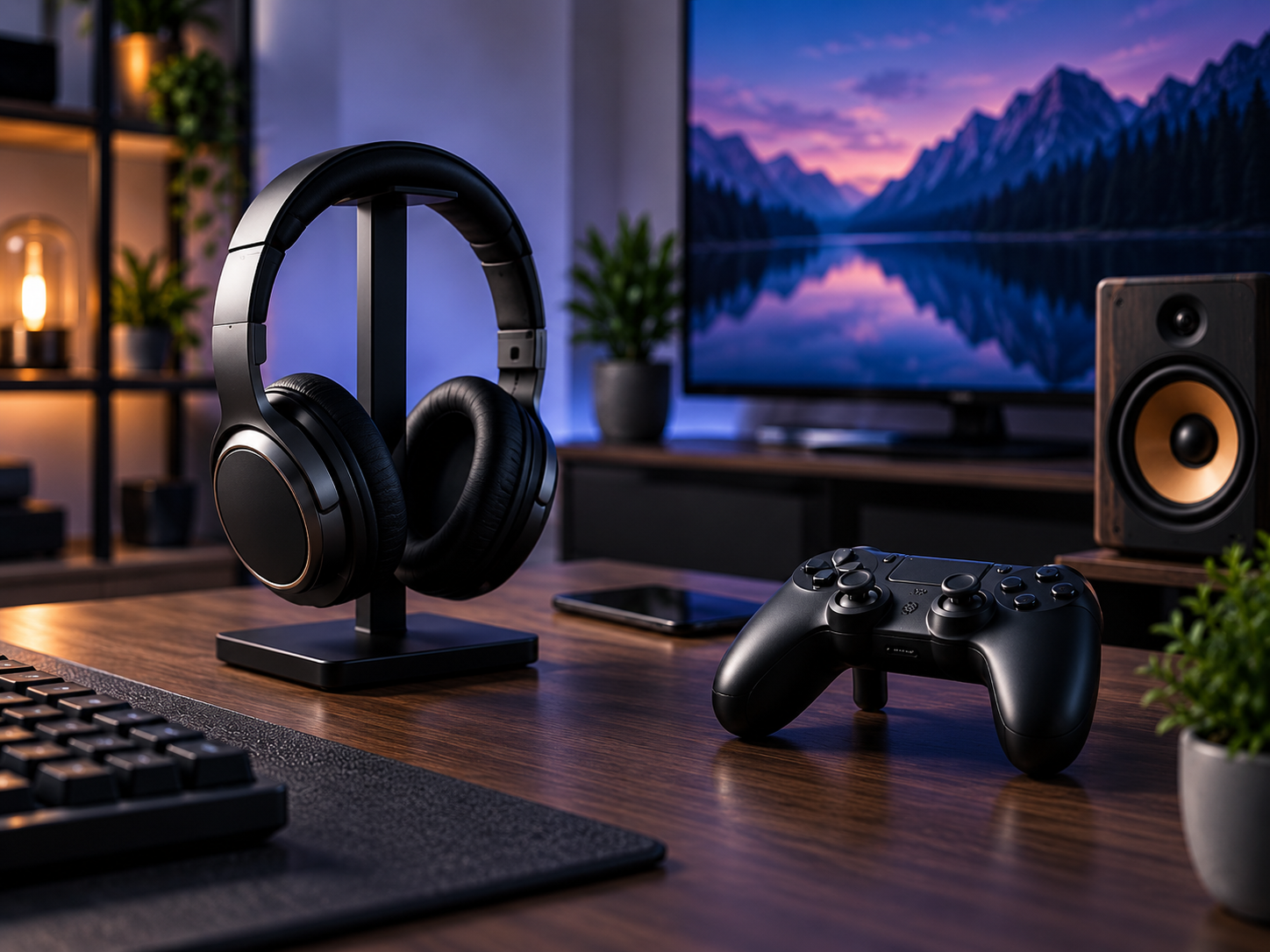 Modern gaming and computer desk with headphones and controller