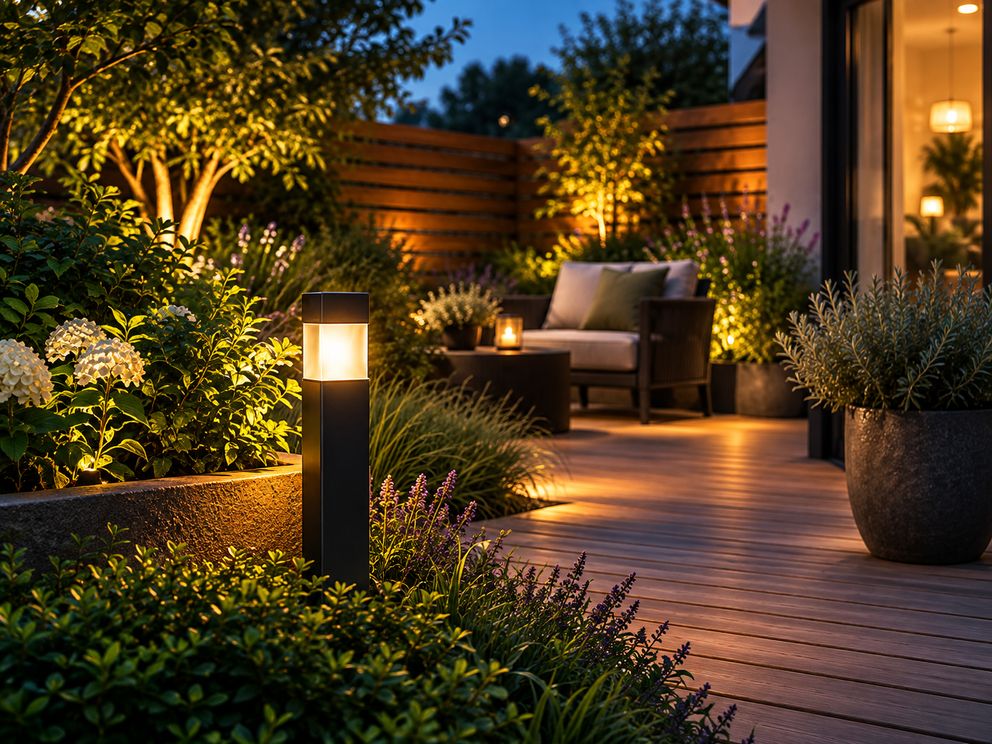 Modern garden patio with outdoor lighting