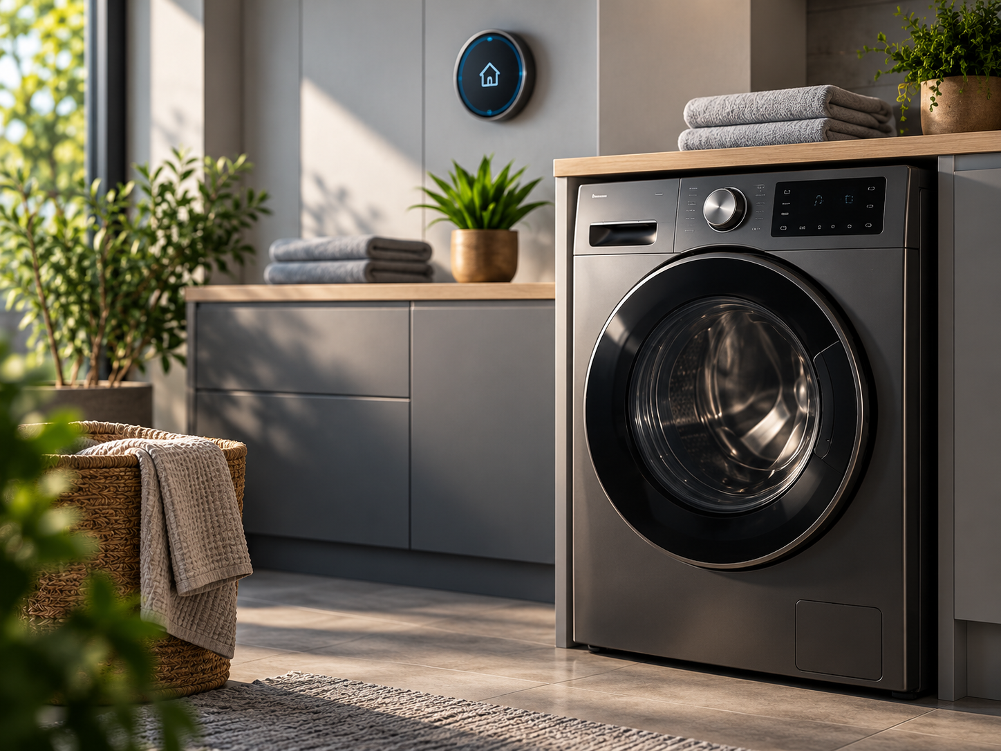 Modern washing machine in a smart laundry room