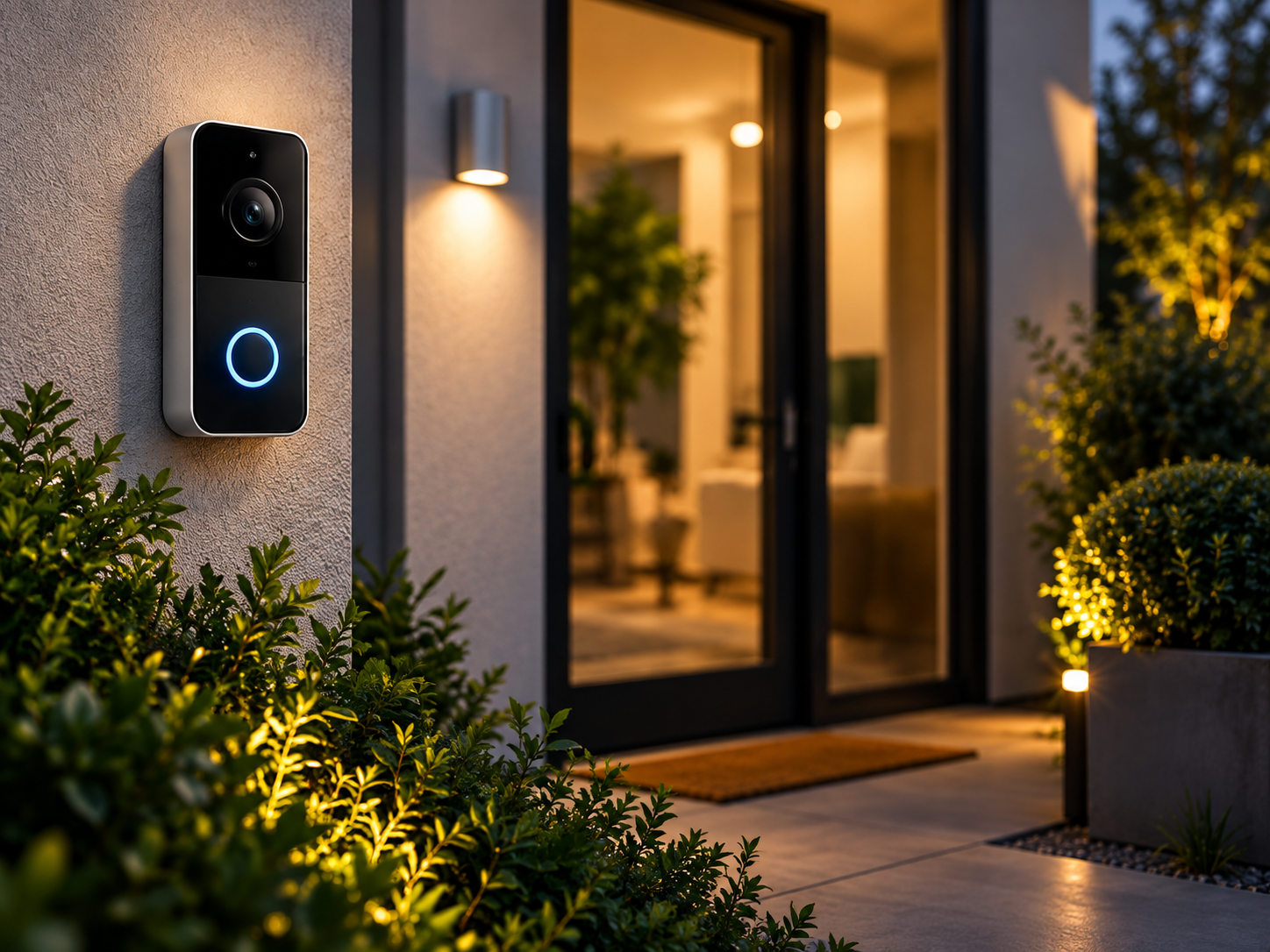 Smart video doorbell at a modern home entrance