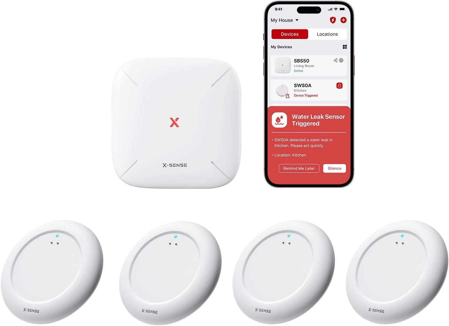 X-Sense Wi-Fi Water Leak Detector Kit with four sensors and base station