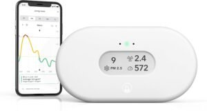 Airthings View Plus smart indoor air quality monitor with white housing and built-in digital display