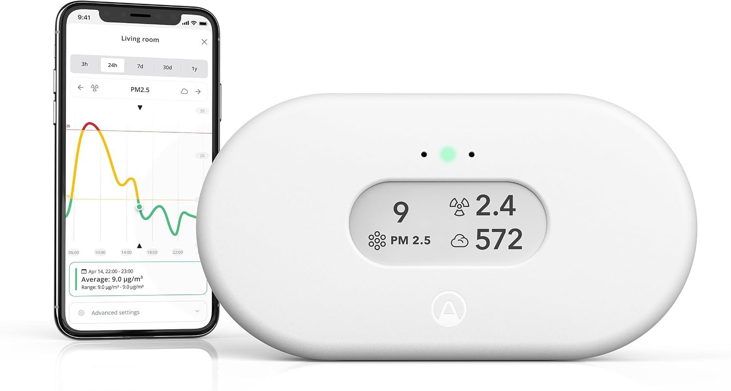 Airthings View Plus smart indoor air quality monitor with white housing and built-in digital display