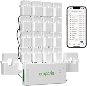 Emporia Vue 3 smart home energy monitor with 16 circuit sensors and smartphone displaying electricity usage