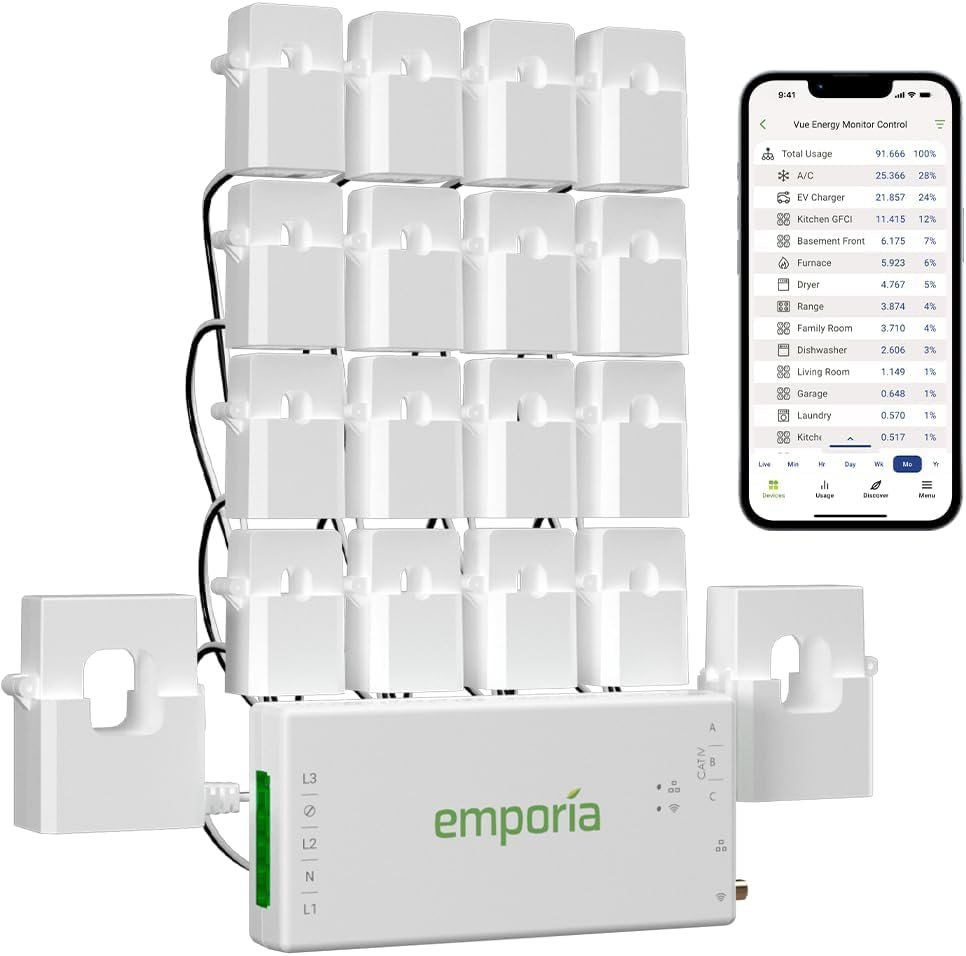 Emporia Vue 3 smart home energy monitor with 16 circuit sensors and smartphone displaying electricity usage