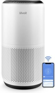 LEVOIT Core 400S-P smart air purifier in white with cylindrical housing, perforated air intake and black