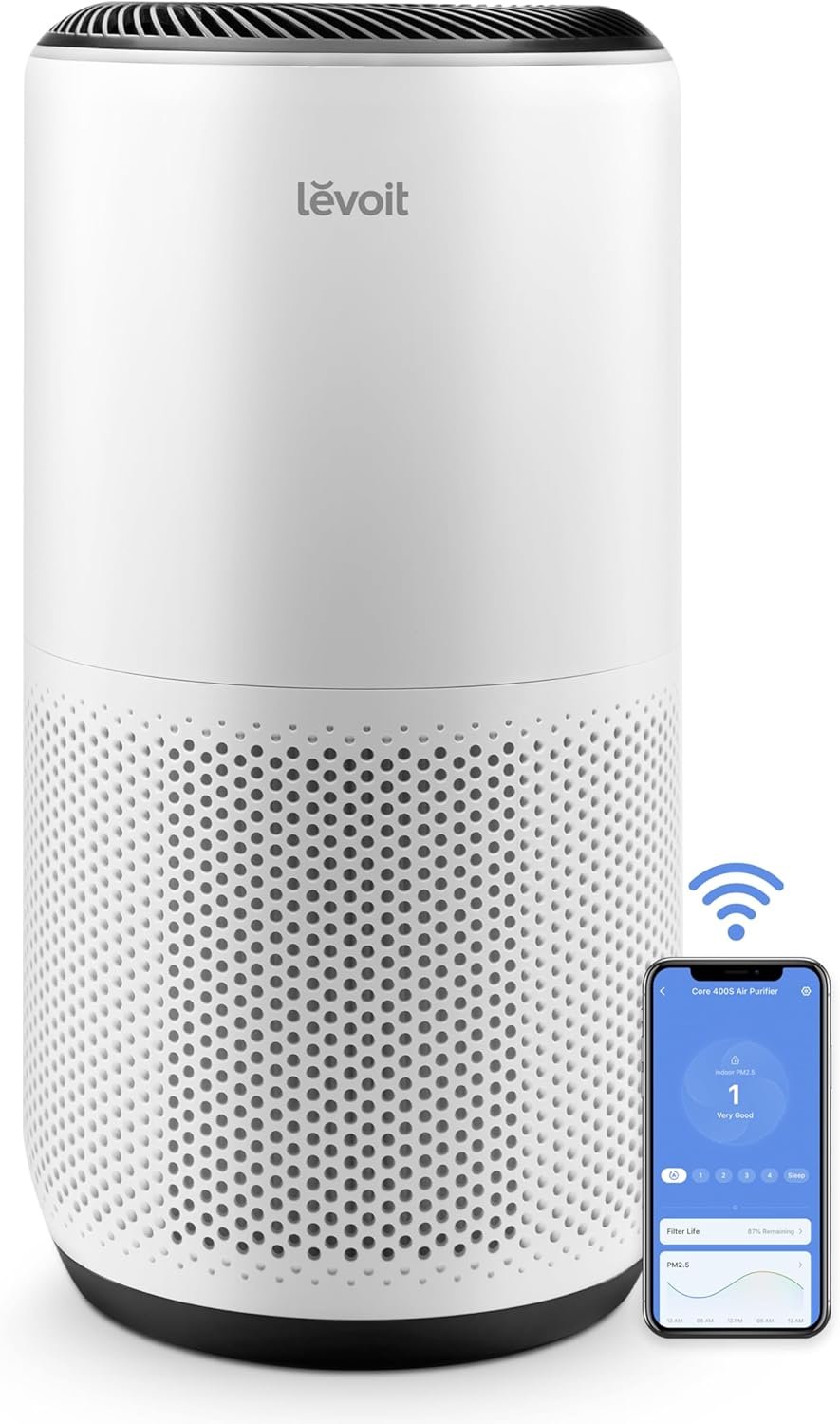 LEVOIT Core 400S-P smart air purifier in white with cylindrical housing, perforated air intake and black