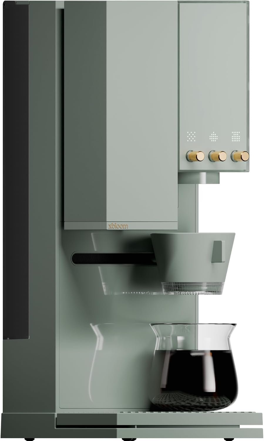 xBloom Studio smart coffee machine in Sage Green and Gold with integrated grinder, scale and automatic brewing system